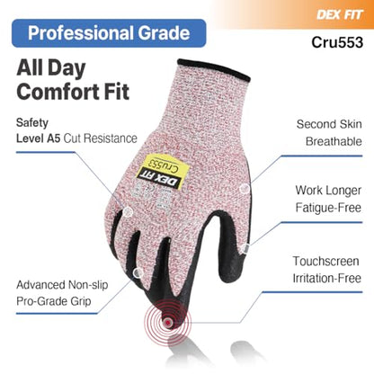 DEX FIT Level 5 Cut Resistant Gloves Cru553, 3D-Comfort Fit, Firm Grip, Thin & Lightweight, Touch-Screen Compatible, Durable, Breathable & Cool, Machine Washable; Red M (8) 1 Pair - color: Red, size: Medium