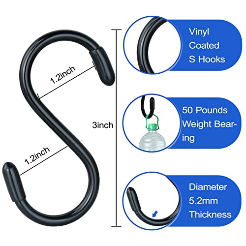 3 Inch Vinyl Coated S Hook,S Hooks for Hanging Plants ,10 Pack Non Slip Heavy Duty S Hooks ,Small Rubber Coated Steel Metal Black Closet S Hook for Hanging Jeans Plants Jewelry Pot Pan Cups Towels - color: Black