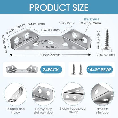 24-Pack Premium Stainless Steel Corner Brackets for Wood, Heavy Duty Furniture Corner Connectors Braces for Cabinets, Tables, Chairs, Drawers Universal Metal Triangle Brackets with 144 Screws