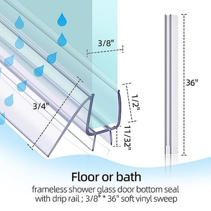 POZIA Shower Door Bottom Seal Frameless Glass Shower Door Seal Strip Clear Vinyl Durable Stop Shower Leaks and Create a Water Barrier Ultra Clear (1PACK-3/8in) - style: 1PACK-3/8in