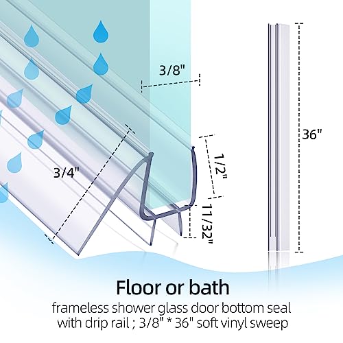 POZIA Shower Door Bottom Seal Frameless Glass Shower Door Seal Strip Clear Vinyl Durable Stop Shower Leaks and Create a Water Barrier Ultra Clear (2PACK-3/8in) - style: 2PACK-3/8in