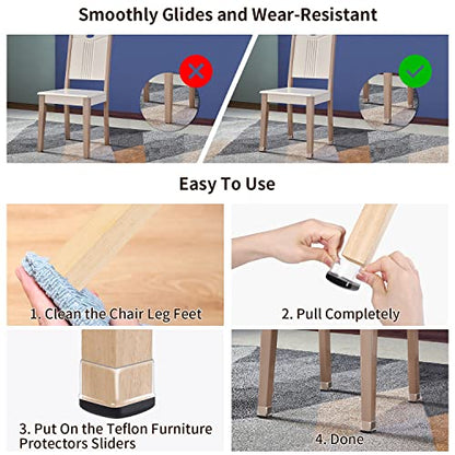 Ezprotekt Chair Leg Sliders for Carpet, 24 Pcs Square Chair Glides for Carpet, Carpet Furniture Pads Stool Leg Protectors Caps, Carpet Furniture Glides Quickly and Easily (L Fit:1" - 1.4") - size: L - Clear