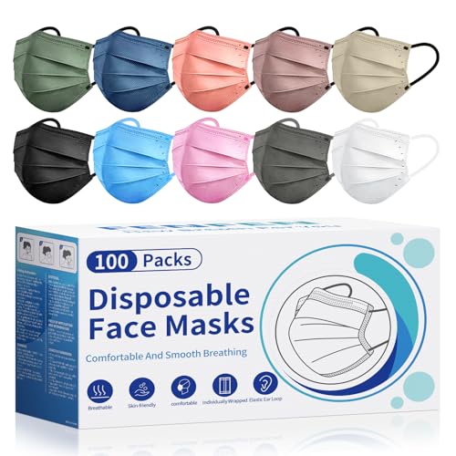 Disposable Face Mask For Adults - Travel Essentials, 100 Pack Individually Wrapped, 4 Ply Protection,Safety Masks Disposable - color: Colorful