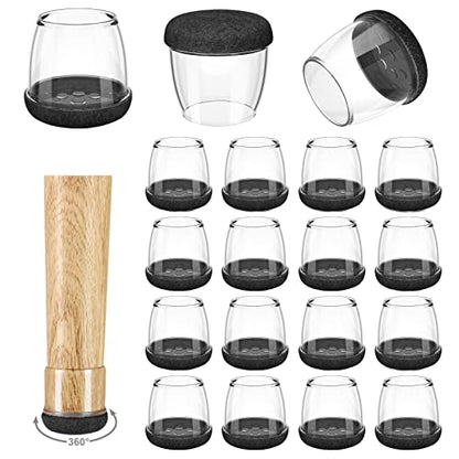 16 Pack Chair Leg Floor Protectors for Hardwood Floors, Round Rubber Furniture Sliders, 360°Felt Pad Bottom Wrapped Thickening Silicone Furniture Legs Caps Covers(Round,Clear-Black-L Plus) - size: Trans-Black-L plus