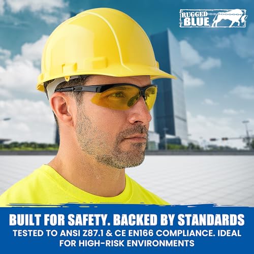 RUGGED BLUE Mojave Amber Safety Glasses for Men/Women |ANSI Certified Eye Protection Glasses and Protective Eyewear