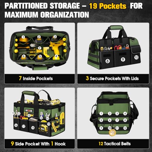 16-Inch Heavy Duty Tool Bag, 19-Pockets Tool Box Organizer, Portable Toolbag W/Soft Handle for Organized Storage, Mechanic Gifts for Men Dad Husband Fathers Day, Wide Mouth Electrician Toolbox, Green - style: Handle-Green