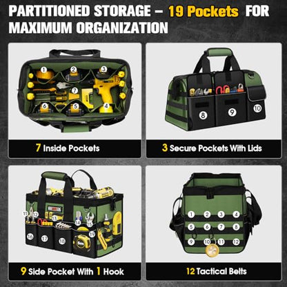 16-Inch Heavy Duty Tool Bag, 19-Pockets Tool Box Organizer, Portable Toolbag W/Soft Handle for Organized Storage, Mechanic Gifts for Men Dad Husband Fathers Day, Wide Mouth Electrician Toolbox, Green - style: Handle-Green