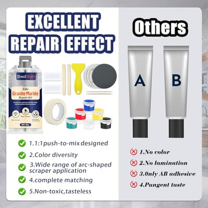 Quartz Countertop Repair Kit(Color Match), Tile, Marble and Granite Repair Kit for Edge Chips, Cracks, Scratches and Holes on Quartz, Marble, Granite, Porcelain and Other Stone Surfaces