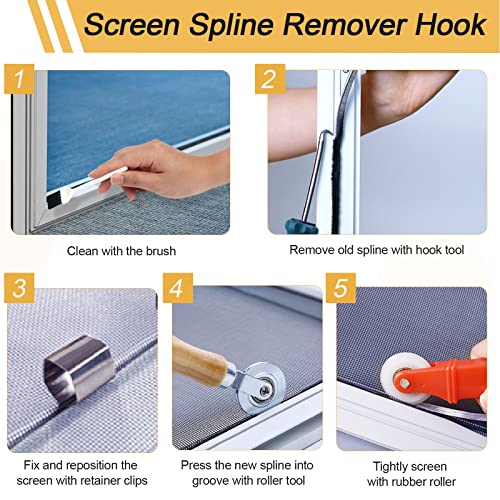 14Pcs Screen Repair Kit, Screen Repair Spline Tool 2Pcs Screen Rolling Tool with Bearing Spline Tools/Screen Spline Removal Hook/Groove Cleaning Brush/ 10Pcs Screen Installer Clips