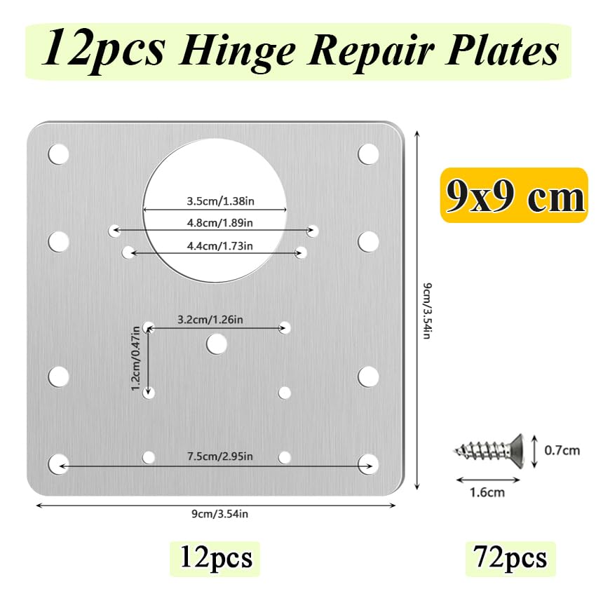 12 Pack Hinges Repair Plate Set, Stainless Steel Drawer Hinge Replacement Plates Kit, Kitchen Cabinet Cupboard Door Hinge Fixing Brackets with 72pcs Screws for Furniture Wardrobe Mending Kit - color: 12pcs 9x9cm