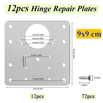 12 Pack Hinges Repair Plate Set, Stainless Steel Drawer Hinge Replacement Plates Kit, Kitchen Cabinet Cupboard Door Hinge Fixing Brackets with 72pcs Screws for Furniture Wardrobe Mending Kit - color: 12pcs 9x9cm