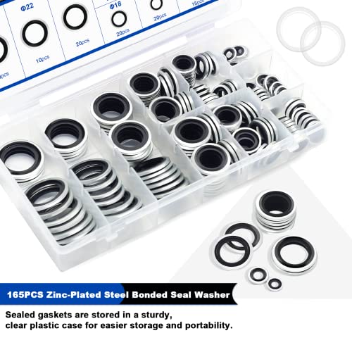 165PCS Bonded Sealing Washers, NBR Metric Zinc-Plated Steel Self-Centred Sealing Rubber Washers, Automotive Seal Gasket Crush O-Ring Assortment Kit Set M6 to M24 - color: 165PCS Black Seal Washers