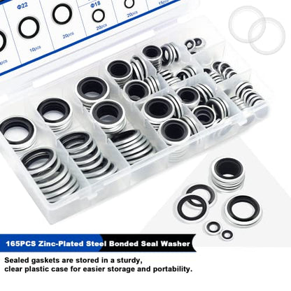 165PCS Bonded Sealing Washers, NBR Metric Zinc-Plated Steel Self-Centred Sealing Rubber Washers, Automotive Seal Gasket Crush O-Ring Assortment Kit Set M6 to M24 - color: 165PCS Black Seal Washers