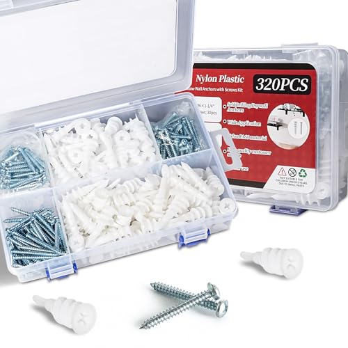 320Pcs Self Drilling Drywall Anchors and Screws Kit, 3 Sizes Nylon Wall Anchors for Hollow Walls, No Pre-Drilling Required, Holds Up to 75lbs (160 Anchors + 160 Screws)
