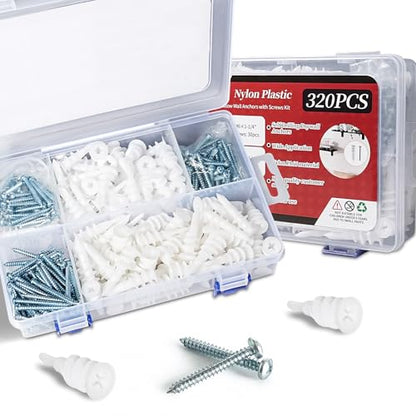 320Pcs Self Drilling Drywall Anchors and Screws Kit, 3 Sizes Nylon Wall Anchors for Hollow Walls, No Pre-Drilling Required, Holds Up to 75lbs (160 Anchors + 160 Screws)