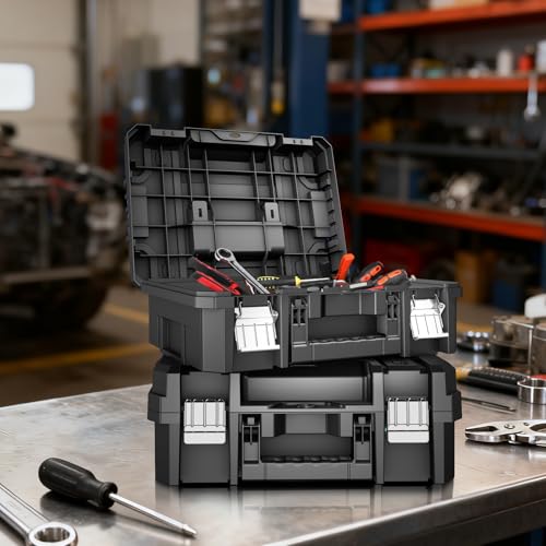 18 Inch Flat Top Tool Box | AIRAJ Stackable Modular Tool Organizer Box Storage System | Garage Storage | Home Repair | Professional Use | (SC1-A)