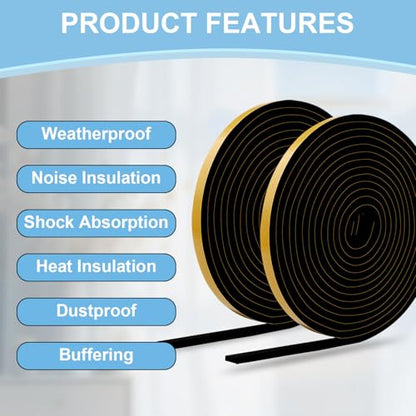 33Ft Weather Stripping Door Seal Strip, Strong Adhesive, Noise-Reduction, Weatherproof Foam Tape Insulation Weather Stripping Door Seal Foam Tape for Doors Windows 1/2 in Wide x 1/4 in Thick - size: 33FT-Black