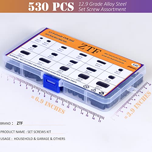 ZTF 530Pcs Metric Set Screw Assortment Kit, M3/4/5/6/8 Grub Screws Internal Hex Drive Set Screws for Bathroom Fixtures, Door Handles knobs, Towel Rack Screws Replacement, 12.9 Grade Alloy Steel - size: back-530pcs