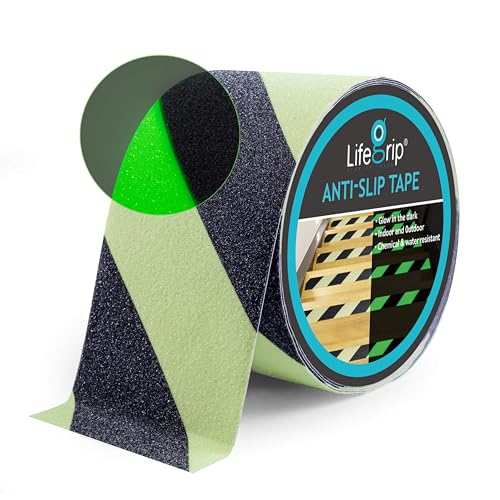 LifeGrip Anti Slip Traction Tape with Glow in Dark Green, 4 Inch x 38 Feet - Best Grip, Friction, Abrasive Adhesive for Stairs, Tread Step, Indoor and Outdoor, Green/Black (4 inch X 38 feet) - color: Black/Glow in the Dark, size: 4" X 38'