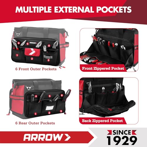 ARROW 17" Large Tool Bag with 36 Multipurpose Pockets, Tool Bags for Men Heavy Duty with Waterproof Hard Base, Reflective Band, Wide Open Mouth Toolbag for Electrician Mechanic Plumber HVAC - size: 17 Inch