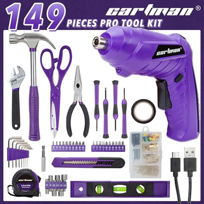 CARTMAN 149-piece Tool Set with Purple Cordless Screwdriver Essential Household Tool Box Hand Tool Kit - style: 149 PURPLE