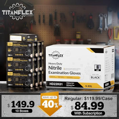 TitanFlex Heavy Duty Black Nitrile Gloves, 6 Mil, Fully Textured, Mechanic Disposable Gloves, Latex Free, Powder Free - color: 09 Black (Xl, 1000ct)