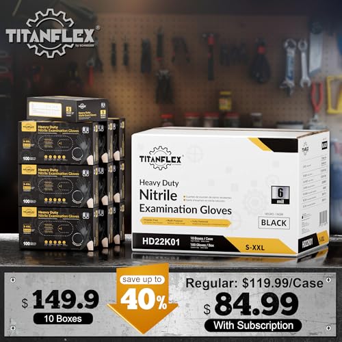TitanFlex Heavy Duty Black Nitrile Gloves, 6 Mil, Fully Textured, Mechanic Disposable Gloves, Latex Free, Powder Free - color: 06 Black (S, 1000ct)