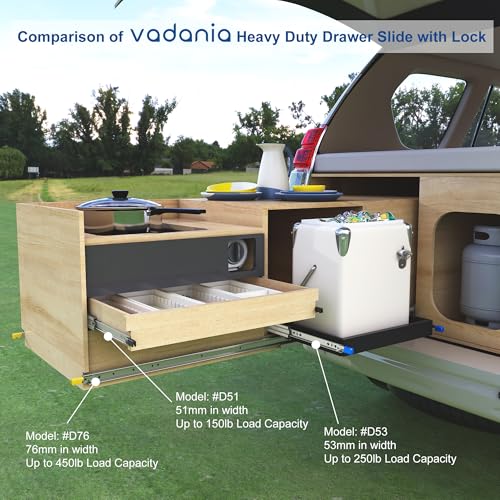 VADANIA 20" Heavy Duty Drawer Slide with Lock #D53, 2" Width Up to 125lb Load Capacity, 3-Fold Full Extension, Ball Bearing Lock-in & Lock-Out, Side Mount, 1-Pair - size: 20 Inch, style: #D53(53mm wide)