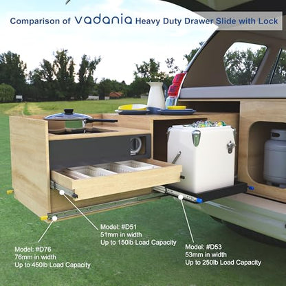 VADANIA 16" Heavy Duty Drawer Slide with Lock #D53, 2" Width Up to 125lb Load Capacity, 3-Fold Full Extension, Ball Bearing Lock-in & Lock-Out, Side Mount, 1-Pair - size: 16 Inch, style: #D53(53mm wide)