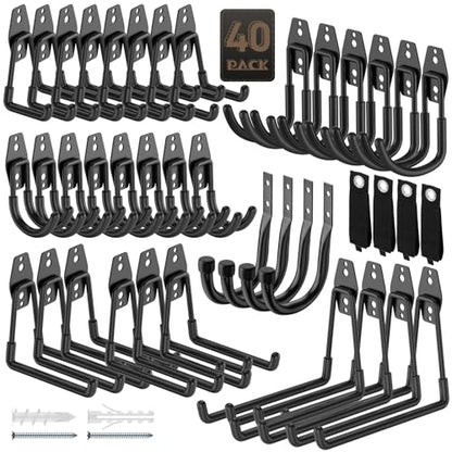 40 Pack Garage Hooks, Heavy Duty Steel Wall Mount Utility Hangers with Anti-Slip Coating for Hanging Bikes, Ladders, Power Tools, and Garden Equipment - color: 40 Pack Black