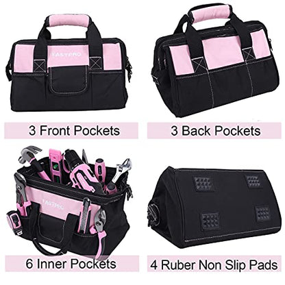 FASTPRO Pink Tool Set, 220-Piece Lady's Home Repairing Tool Kit with 12-Inch Wide Mouth Open Storage Tool Bag - color: Pink