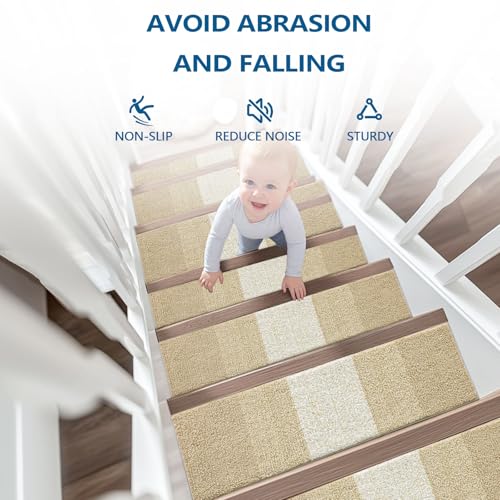 OLANLY Stair Treads Non Slip 15PCS, 8" x 30" Indoor Stair Runners for Wooden Steps, Edging Stair Rugs with Reusable Peel and Stick Adhesive for Kids Elders and Pets, Beige - color: Beige