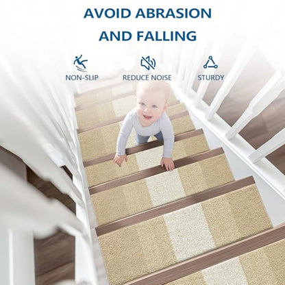 OLANLY Stair Treads Non Slip 15PCS, 8" x 30" Indoor Stair Runners for Wooden Steps, Edging Stair Rugs with Reusable Peel and Stick Adhesive for Kids Elders and Pets, Beige - color: Beige