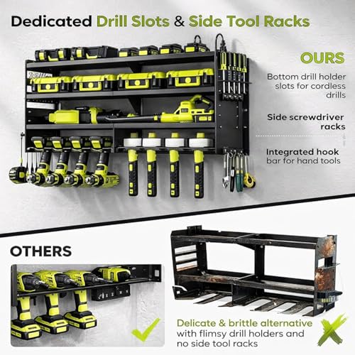 Large Power Tool Organizer Wall Mount, 6-Shelf Heavy Duty Metal Tool Storage Rack with Drill Holder Slots, Side Screwdriver Racks and Hook Bar, Wall Mounted Tool Organizer for Garage Workshop