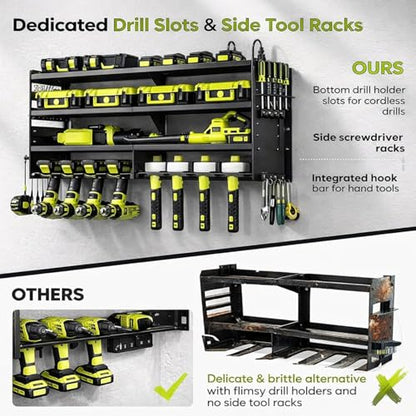 Large Power Tool Organizer Wall Mount, 6-Shelf Heavy Duty Metal Tool Storage Rack with Drill Holder Slots, Side Screwdriver Racks and Hook Bar, Wall Mounted Tool Organizer for Garage Workshop