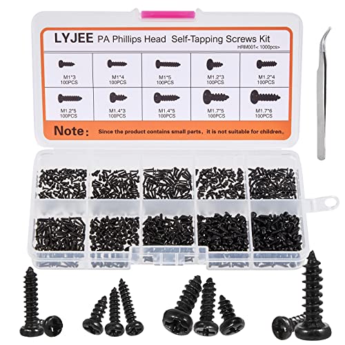 Small Screws Assortment Kit, 1000pcs Miniature Phillips Replacement Screws for Glasses Watch Clock, 10 Kinds M1 M1.2 M1.4 M1.7 Phillips Head Self-Tapping Screws - color: Black