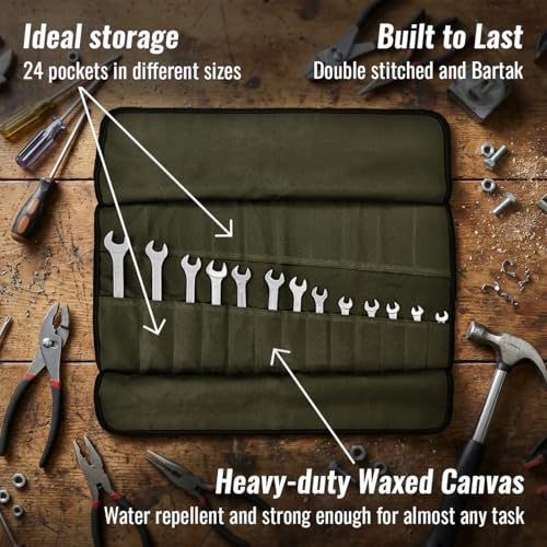 Under NY Sky Tool Roll Organizer, Heavy-Duty Wrench Bag, Portable Hand Tool Pouch for Mechanics, Electricians, and Hand Tools - color: 24 Slots Green