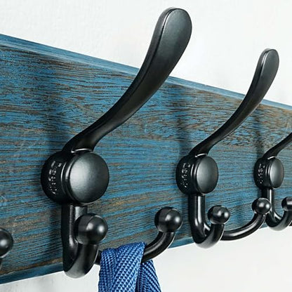 Dseap Coat Rack Wall Mount - Heavy-Duty Robust Barnwood-Style Wooden Wall Coat Hanger Hook Rail with 5 Triple Hooks for Winter Coats Hat Jacket Clothing, Weathered Blue & Black, Pack of 2 - color: Weathered Blue & Black, size: L=17.4"