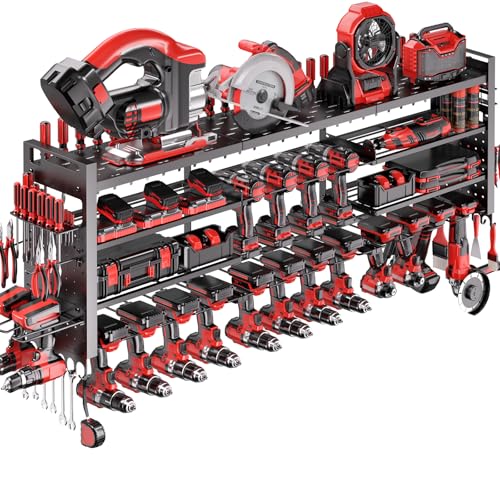 49.8" W Super Large Power Tool Organizer Wall Mount,4-Layer Heavy Duty Tool Storage with 18 Cordless Drill Holder,600 lb Capacity Garage Organization for Garage and Workshop (Black) - color: Black
