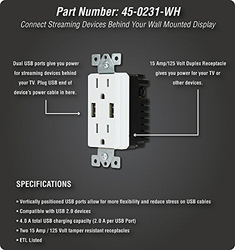 DATA COMM Electronics 45-0231-WH USB Recessed Media Outlet Box, In-Wall Cable Management, Duplex Receptacle,4.0 Amp Dual USB Ports, Large Cable Pass-Through, Design for Thin Mounts & TV, White - style: with Duplex Receptacle & 4.0 Amp Dual USB Ports