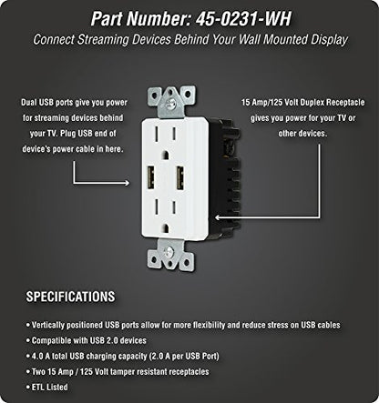 DATA COMM Electronics 45-0231-WH USB Recessed Media Outlet Box, In-Wall Cable Management, Duplex Receptacle,4.0 Amp Dual USB Ports, Large Cable Pass-Through, Design for Thin Mounts & TV, White - style: with Duplex Receptacle & 4.0 Amp Dual USB Ports