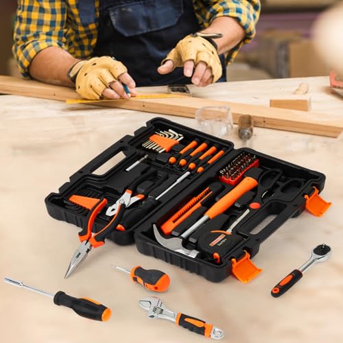 57 Piece Tool Set, Mechanics Tool Set, Portable Small Tool Kit, General Household Hand Kit with Plastic Toolbox Storage Case Orange for Home Maintenance, Drive Tools