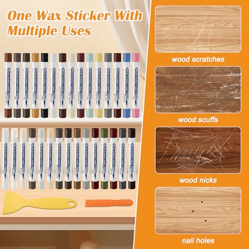 30+2P Wood Filler Sticks, Windspeed 30 Colos Wood Filler Putty Wax Crayons Furniture Repair Kit Putty Stick for Baseboard Cabinets Furniture Floors(with 2 Scrapers)