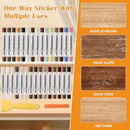 30+2P Wood Filler Sticks, Windspeed 30 Colos Wood Filler Putty Wax Crayons Furniture Repair Kit Putty Stick for Baseboard Cabinets Furniture Floors(with 2 Scrapers)