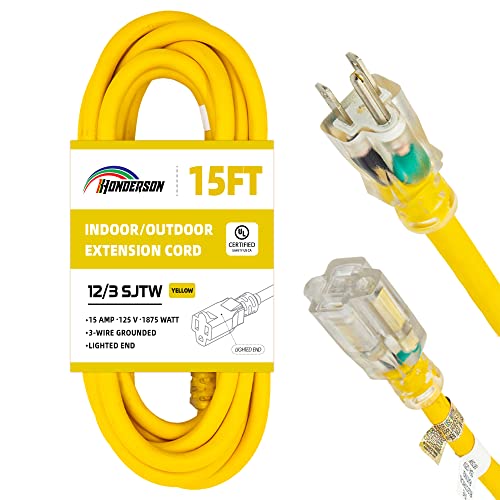 Indoor Outdoor Extension Cord Weatherproof with Lighted End, UL Certified, 12 Gauge 15FT Yellow 3 Prong Heavy Duty, 12/3 SJTW 15A Power Cord for Outdoor Lights, Lawn - size: 15FT, style: 12/3