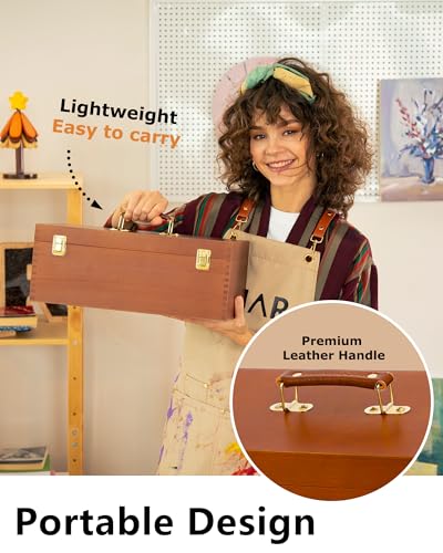 DJAR Artist Storage Box Beechwood Art Supply Organizer, Portable Large Sturdy Wood Tool Box, Walnut - color: Walnut