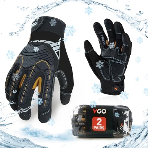 Vgo... 2-Pairs 32°F Waterproof High-Dexterity Heavy-Duty Winter Mechanic Gloves, Impact & Vibration Reduction (S, Black&Gold, SL8849FW) - color: Gold&black-lined, size: Small (2 Pairs)
