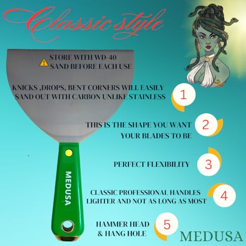Medusa's Carbon and Blue Steel Drywall Taping Knife set with S.S. 12" Mud Pan And Grip: Classic Style Light Handles with Strong Flexible Blades, Note to Beginners All blades will Rust, watch video