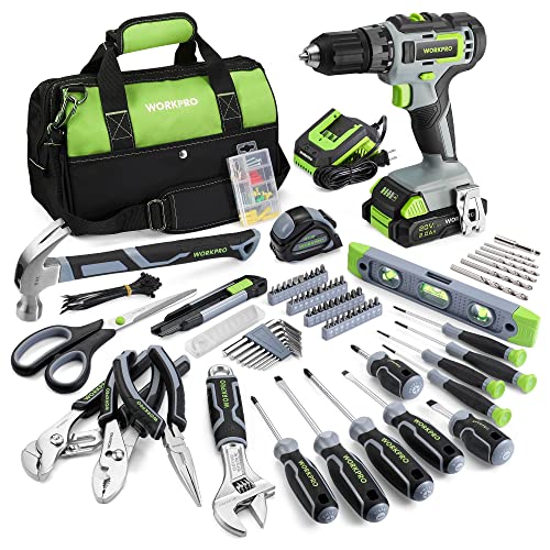 WORKPRO Home Tool Set with 20V Cordless Lithium-Ion Drill Driver, Household Repairing Tool Kit with Drill, 157PCS Power Drill Sets, 14-Inch Wide Mouth Storage Tool Bag, Green - color: Grey