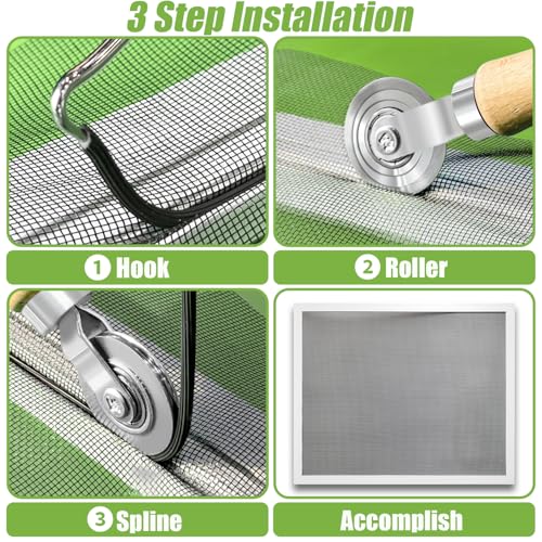 King&Charles Screen Repair Kit/Tool, Screen Roller Tool, Steel Roller with Bear, 32 ft Spline, Removal Hook, 3 in 1 Window Repair Kit, for Installing Door Window Mesh. - size: 3 in 1
